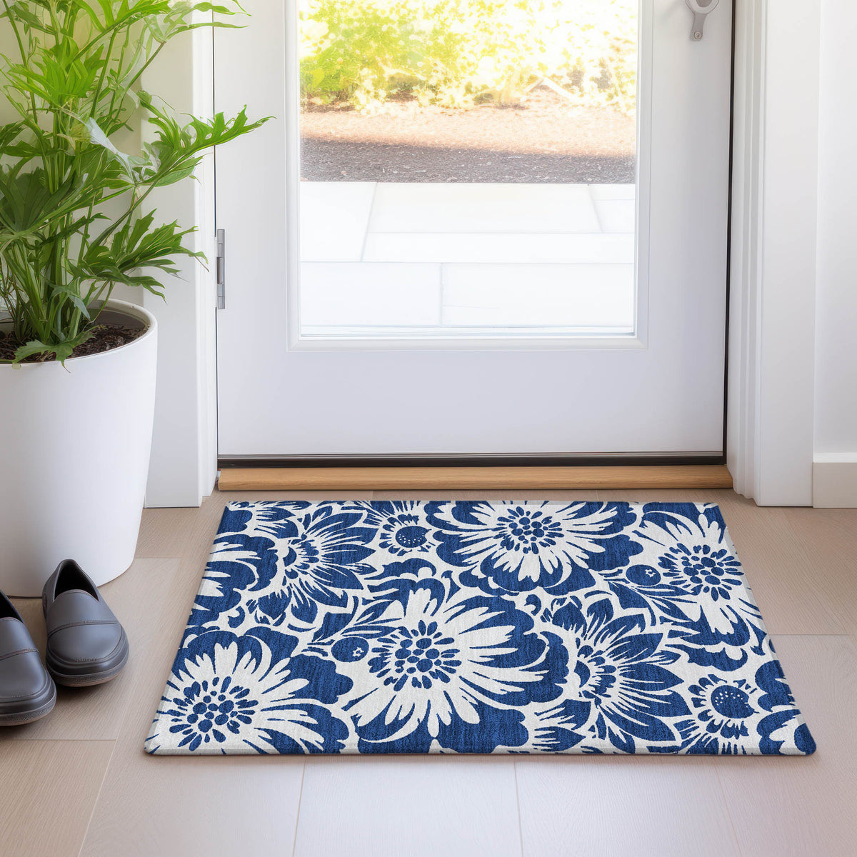 2' X 3' Navy and Ivory Floral Washable Non Skid Indoor Outdoor Area Rug