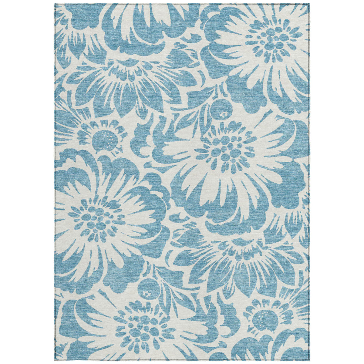 9' X 12' Denim and Ivory Floral Washable Non Skid Indoor Outdoor Area Rug