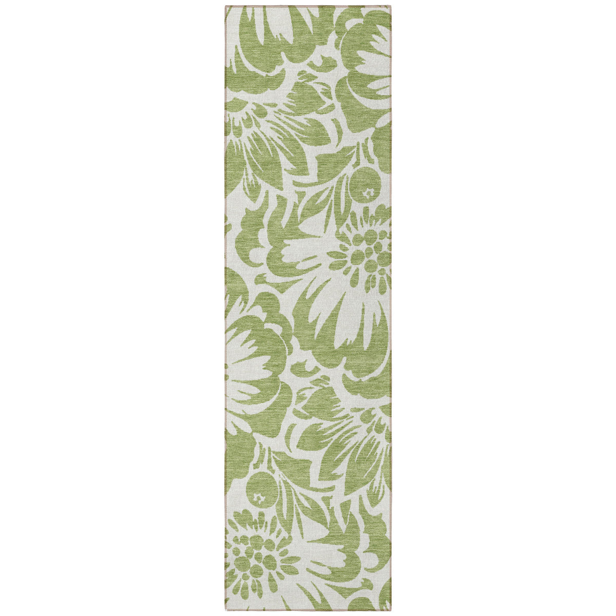8' Runner Green and Ivory Floral Washable Non Skid Indoor Outdoor Runner Rug