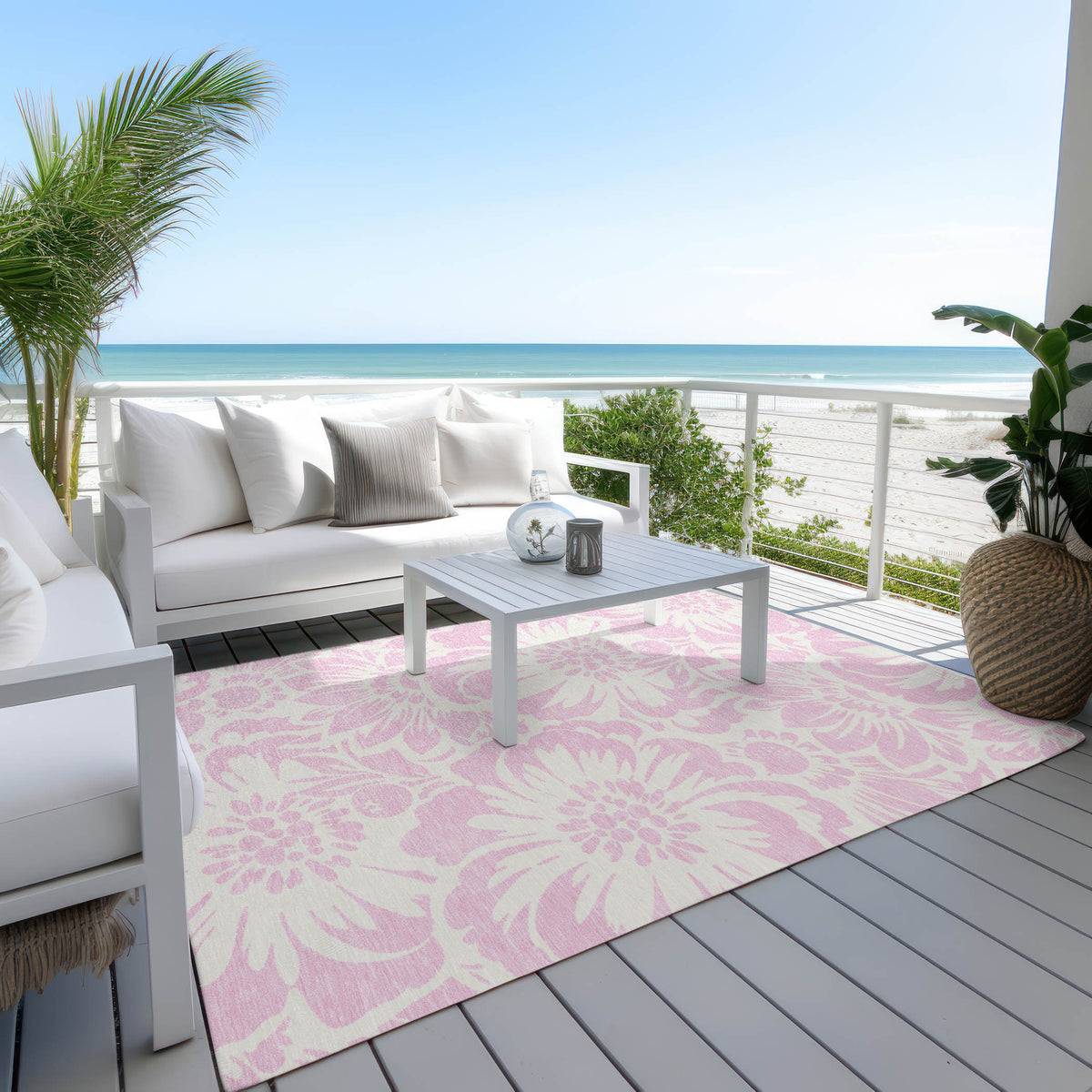 9' X 12' Pink and Ivory Floral Washable Non Skid Indoor Outdoor Area Rug