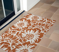 3' X 4' Rust and Ivory Floral Washable Non Skid Indoor Outdoor Area Rug