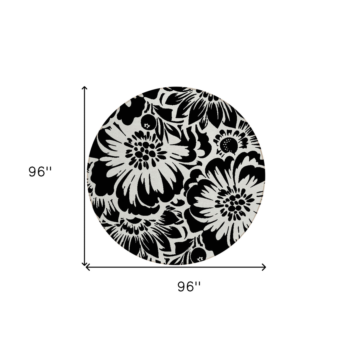 8' Round Black and Ivory Round Floral Washable Non Skid Indoor Outdoor Area Rug