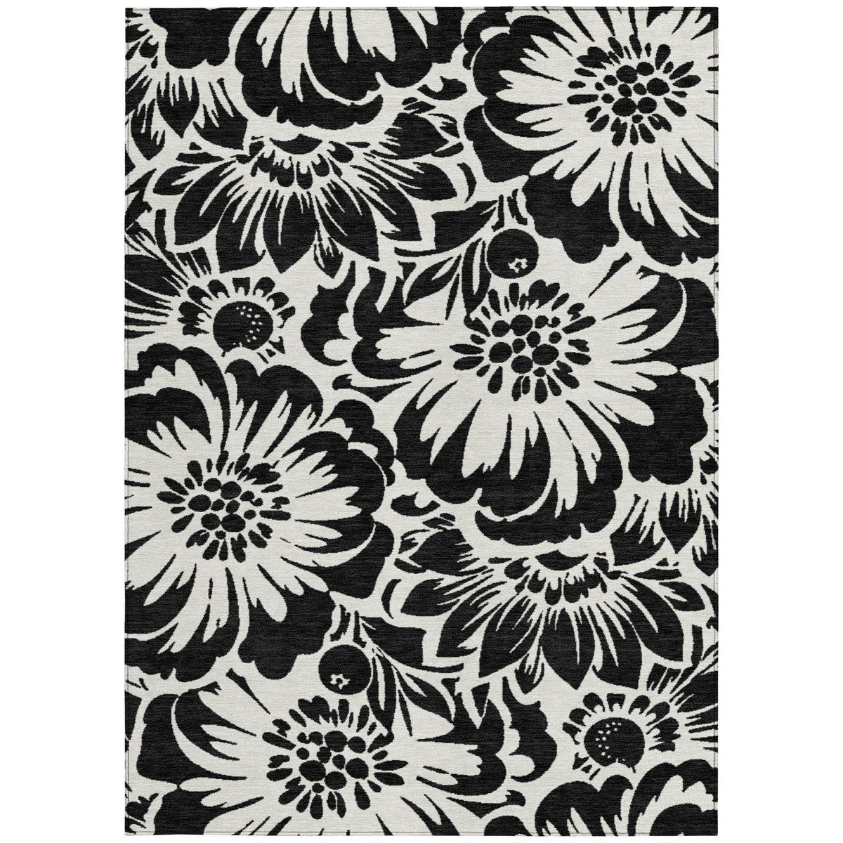 3' X 5' Black and Ivory Floral Washable Non Skid Indoor Outdoor Area Rug