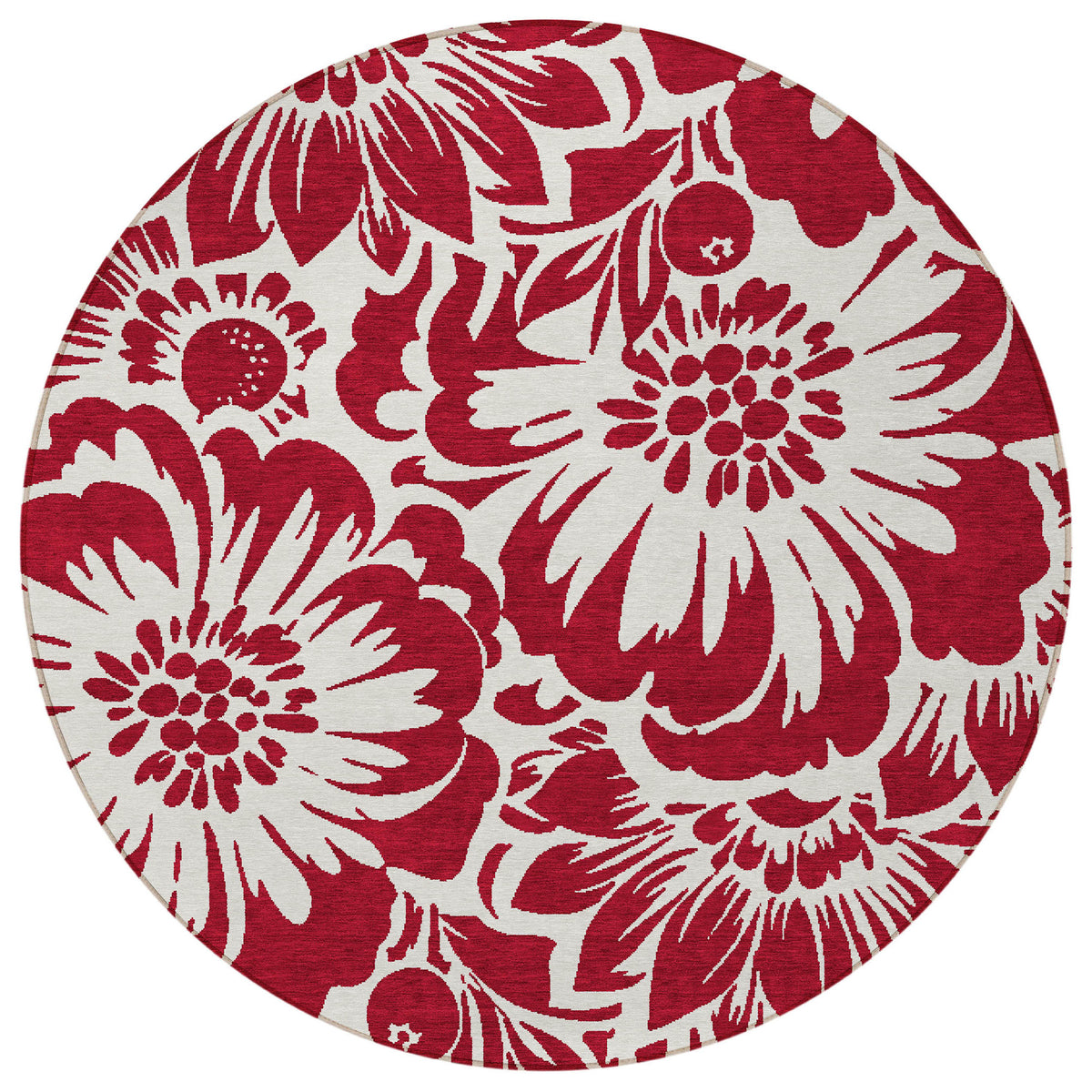 8' Round Burgundy and White Round Floral Washable Non Skid Indoor Outdoor Area Rug