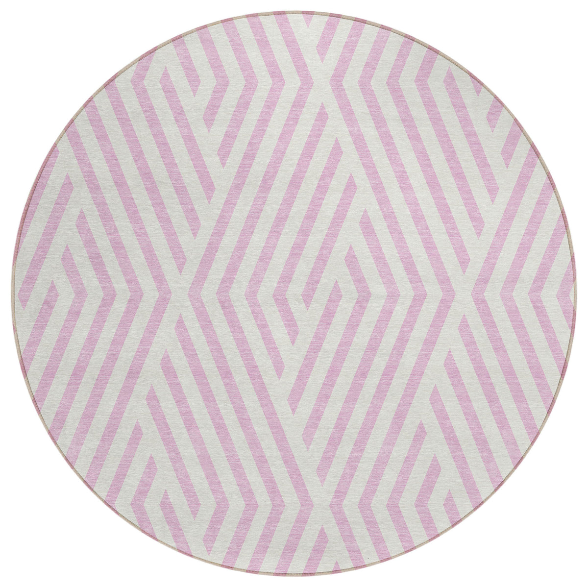 8' Round Pink and White Round Geometric Washable Non Skid Indoor Outdoor Area Rug