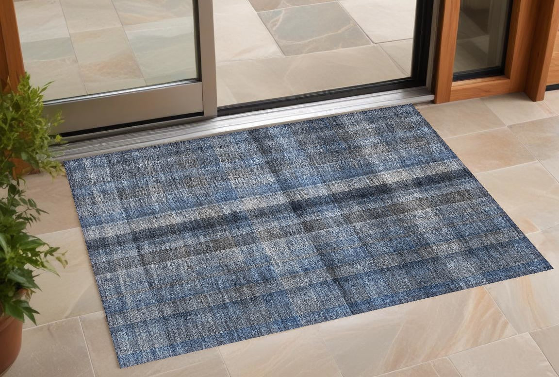2' X 3' Blue Plaid Washable Non Skid Indoor Outdoor Area Rug