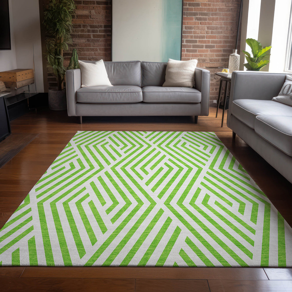 3' X 5' Lime Green and White Geometric Washable Non Skid Indoor Outdoor Area Rug