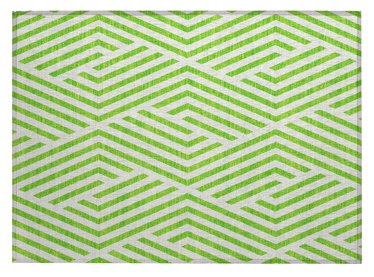 2' X 3' Lime Green and White Geometric Washable Non Skid Indoor Outdoor Area Rug
