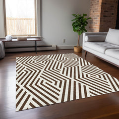 3' X 5' Brown and White Geometric Washable Non Skid Indoor Outdoor Area Rug