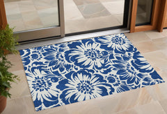3' X 4' Navy and Ivory Floral Washable Non Skid Indoor Outdoor Area Rug