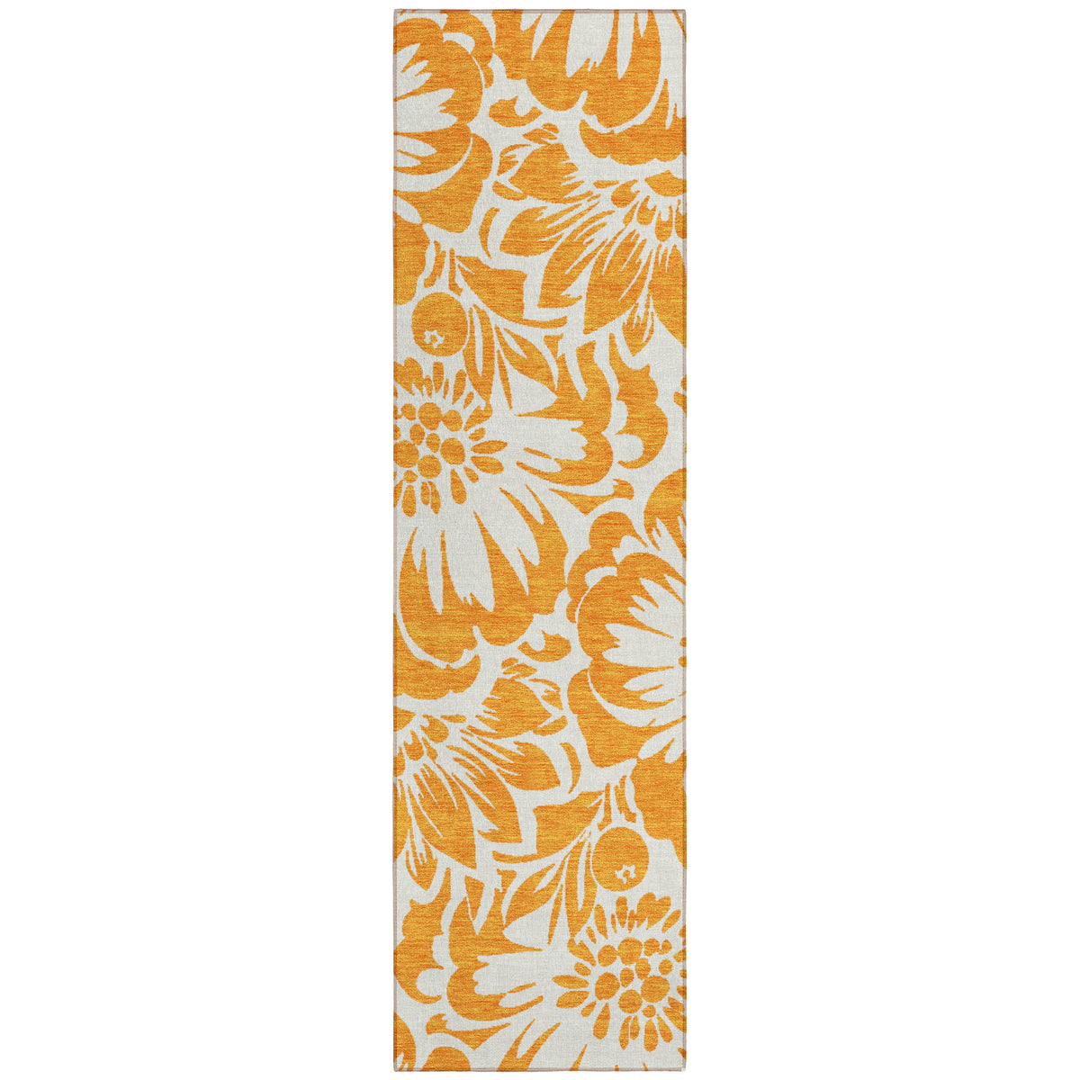 8' Runner Orange and White Floral Washable Non Skid Indoor Outdoor Runner Rug