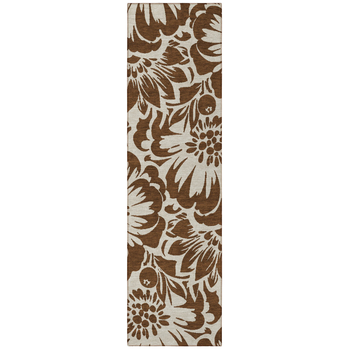 8' Runner Brown and Ivory Floral Washable Non Skid Indoor Outdoor Runner Rug