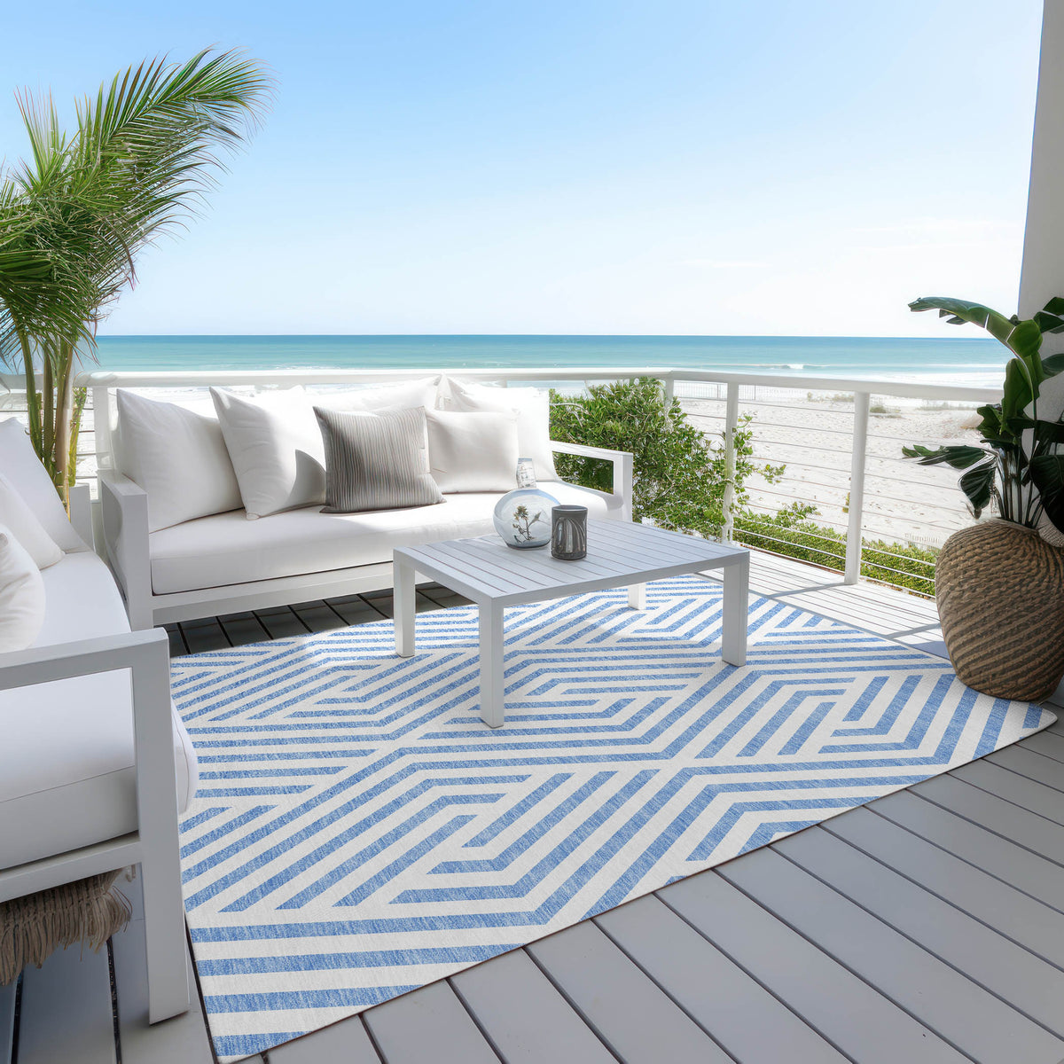 3' X 4' Blue and Ivory Geometric Washable Non Skid Indoor Outdoor Area Rug