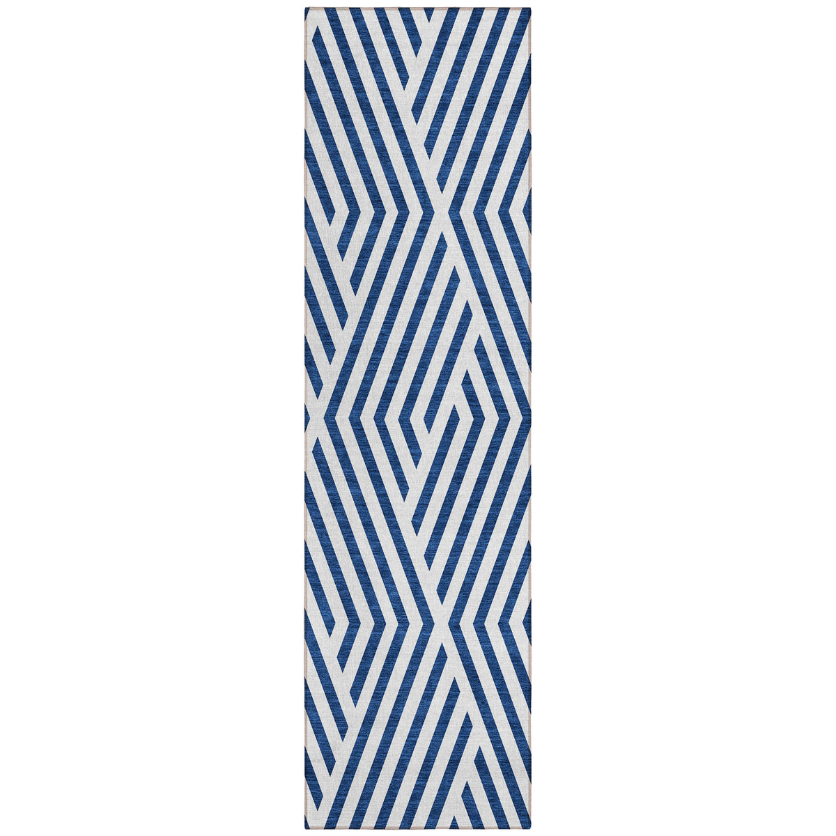 8' Runner Navy and White Geometric Washable Non Skid Indoor Outdoor Runner Rug