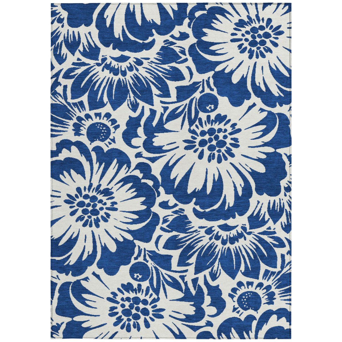 5' X 8' Navy and Ivory Floral Washable Non Skid Indoor Outdoor Area Rug