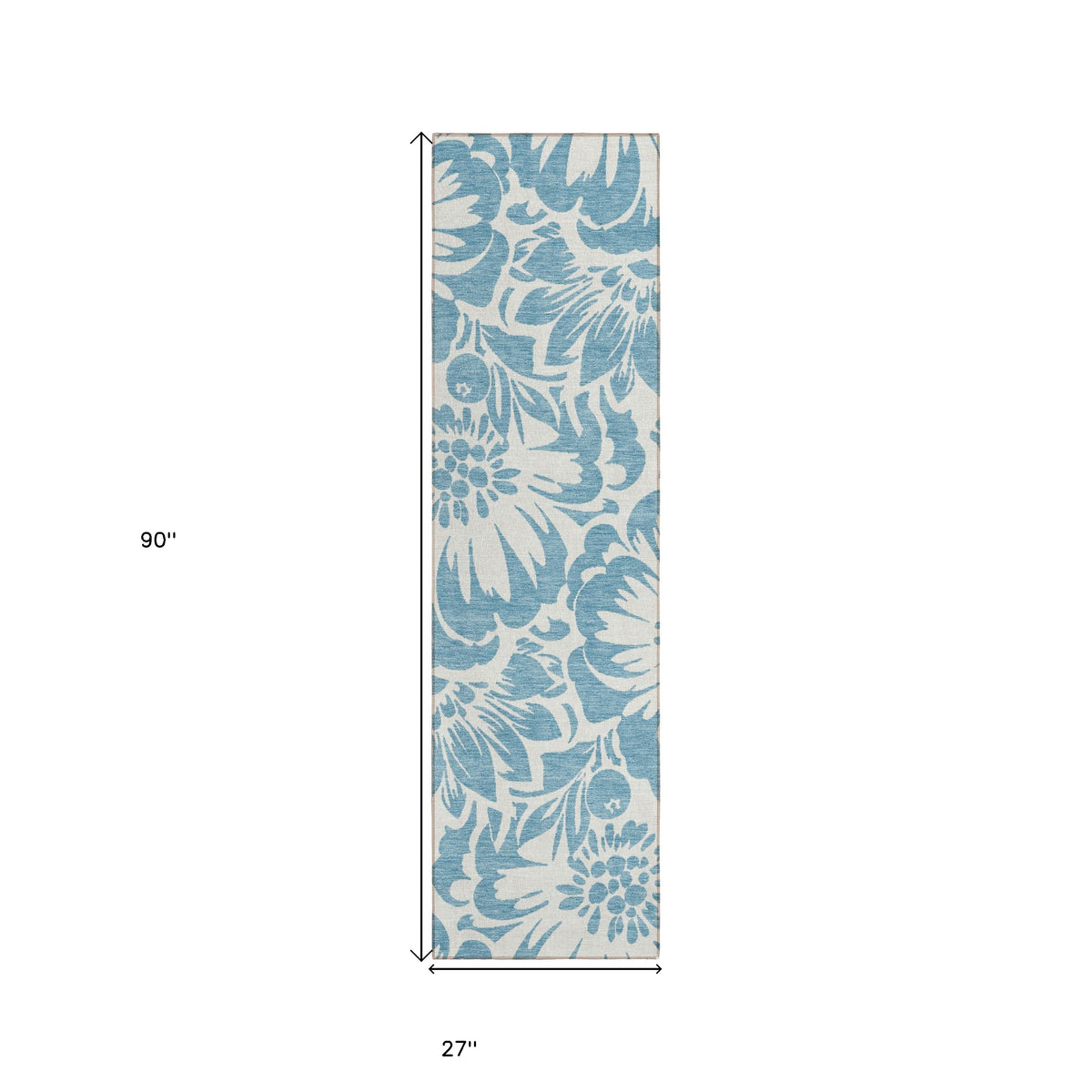 8' Runner Denim and Ivory Floral Washable Non Skid Indoor Outdoor Runner Rug
