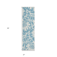 8' Runner Denim and Ivory Floral Washable Non Skid Indoor Outdoor Runner Rug