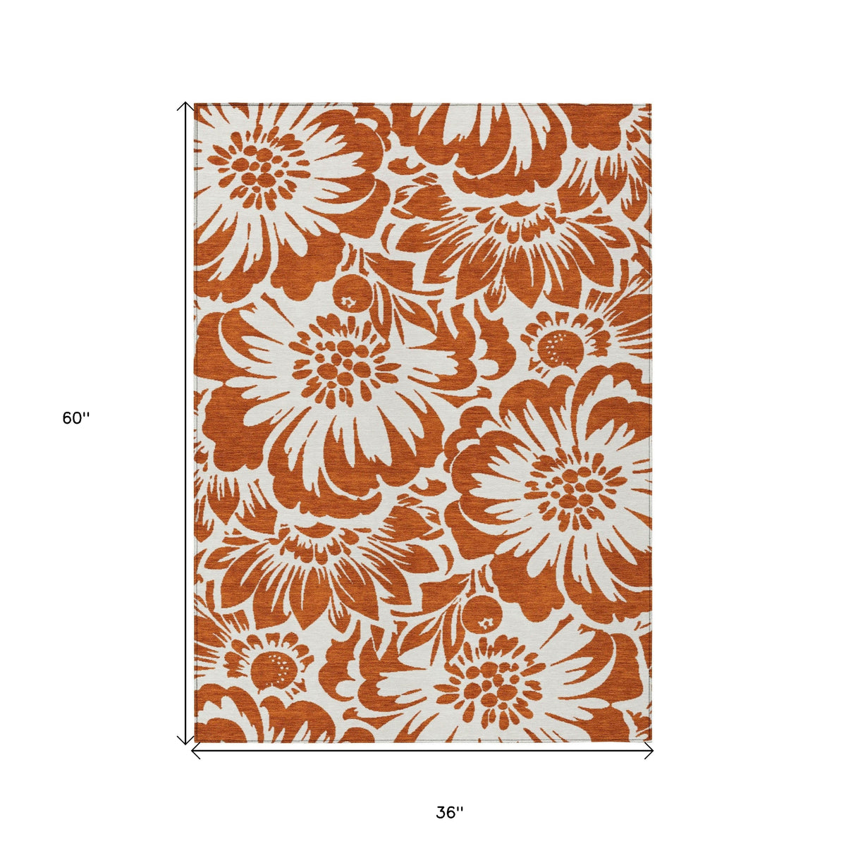3' X 5' Rust and Ivory Floral Washable Non Skid Indoor Outdoor Area Rug