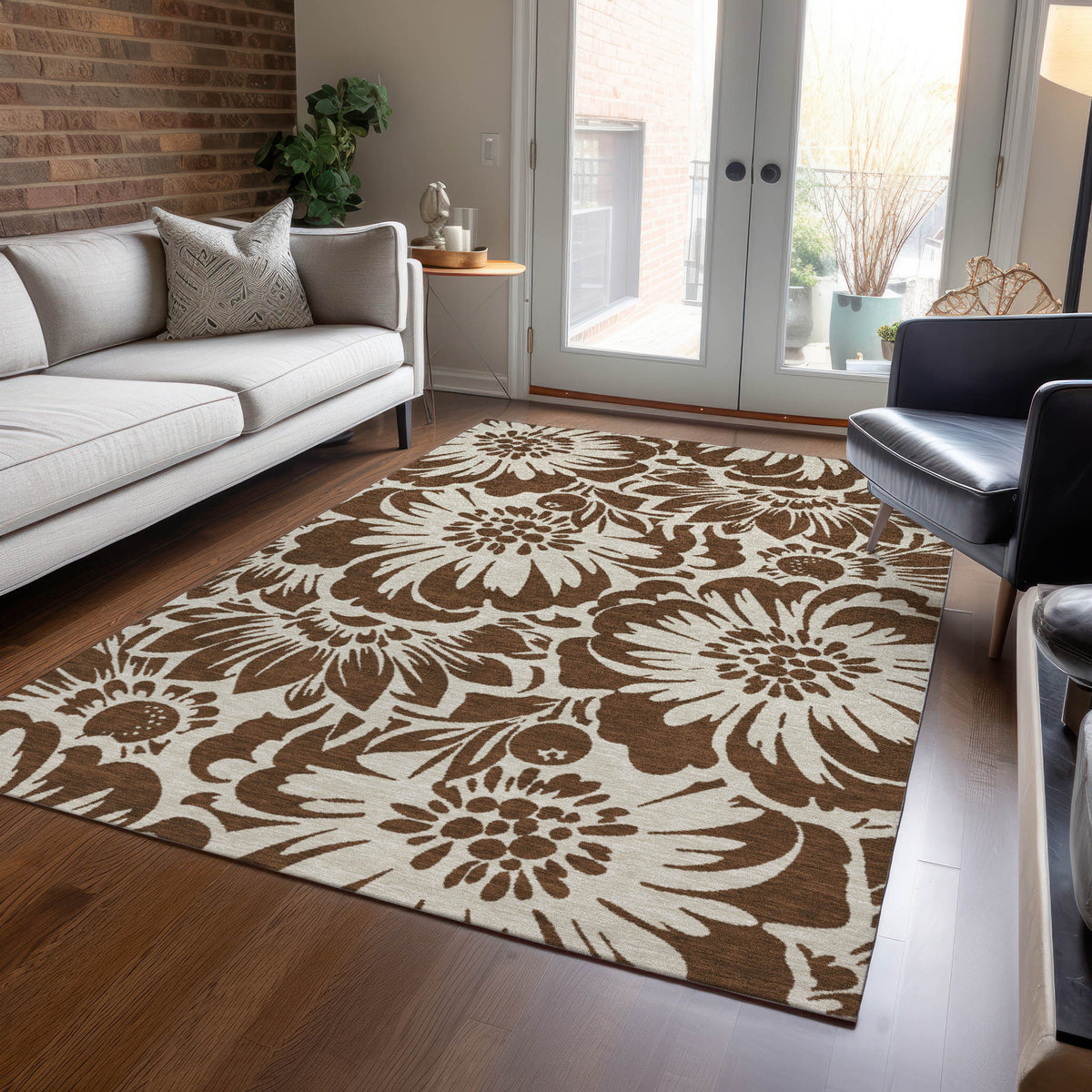 8' X 10' Brown and Ivory Floral Washable Non Skid Indoor Outdoor Area Rug