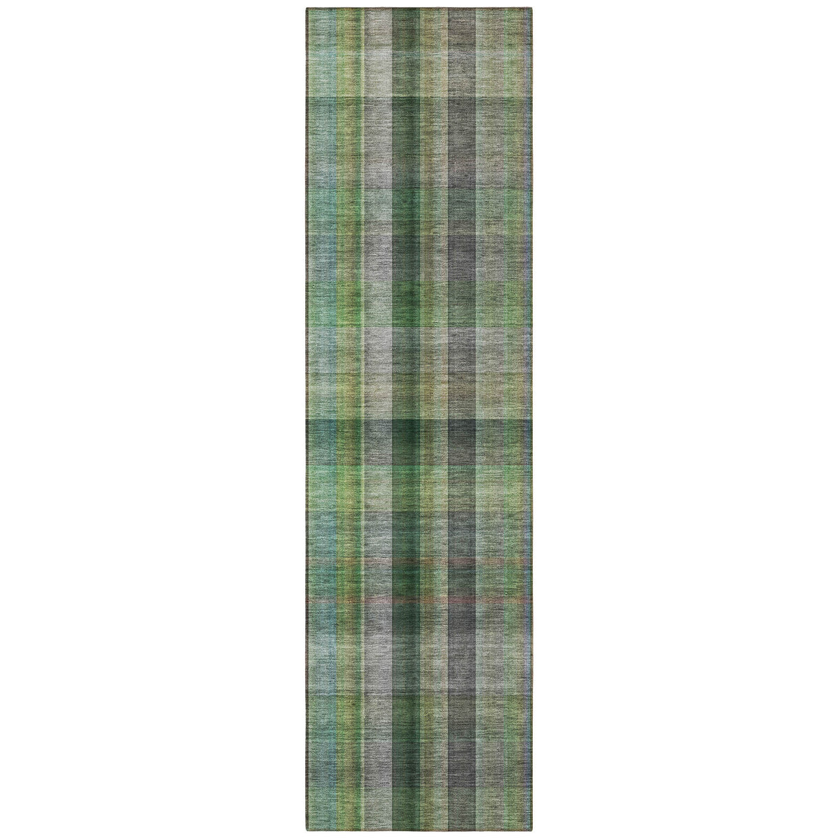 8' Runner Green Plaid Washable Non Skid Indoor Outdoor Runner Rug