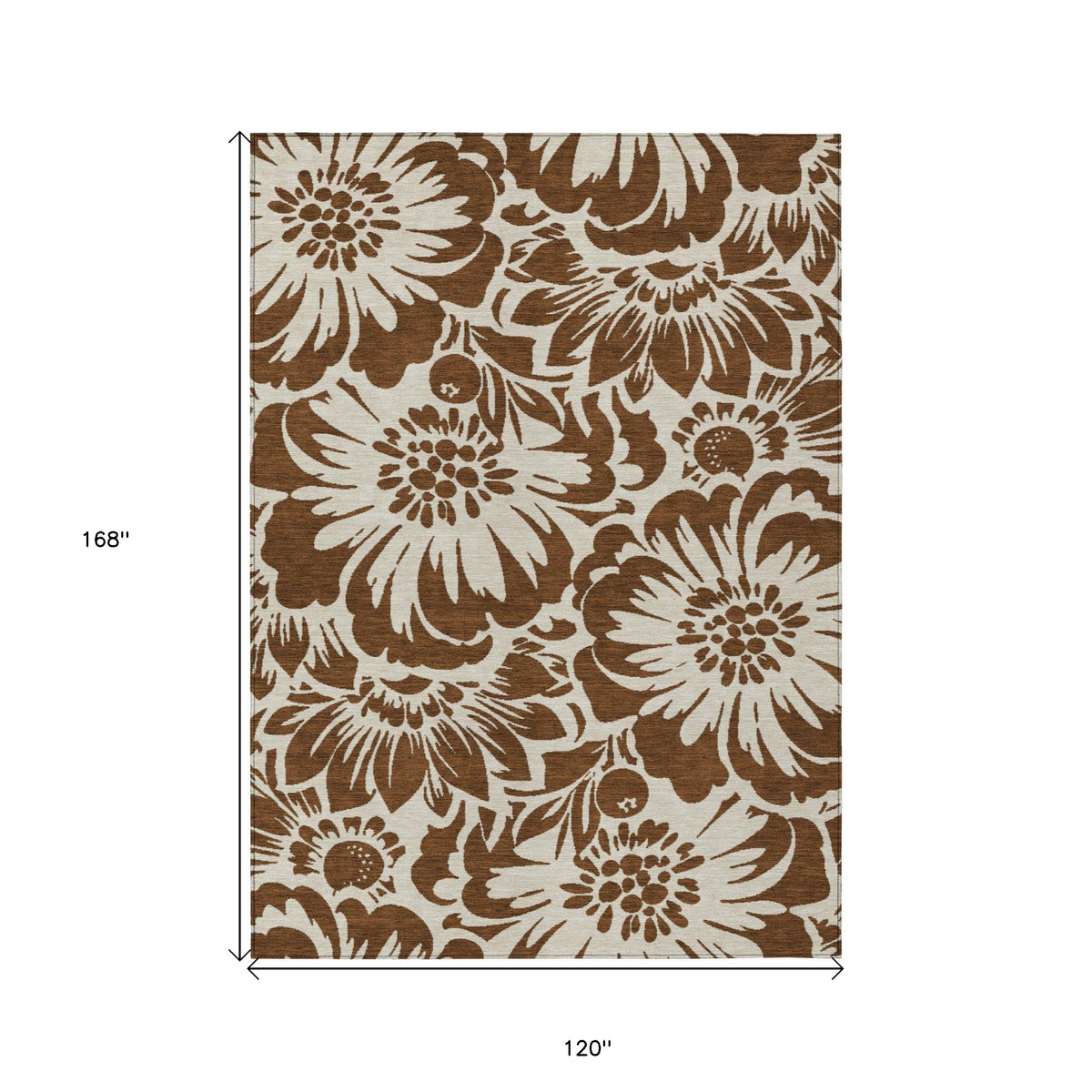 10' X 14' Brown and Ivory Floral Washable Non Skid Indoor Outdoor Area Rug