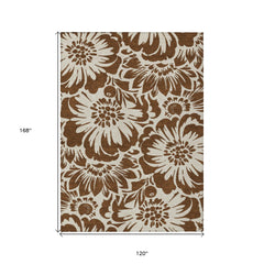 10' X 14' Brown and Ivory Floral Washable Non Skid Indoor Outdoor Area Rug