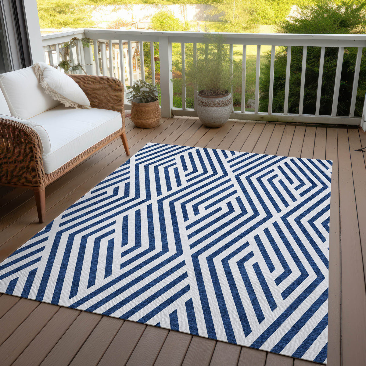 8' X 10' Navy and White Geometric Washable Non Skid Indoor Outdoor Area Rug
