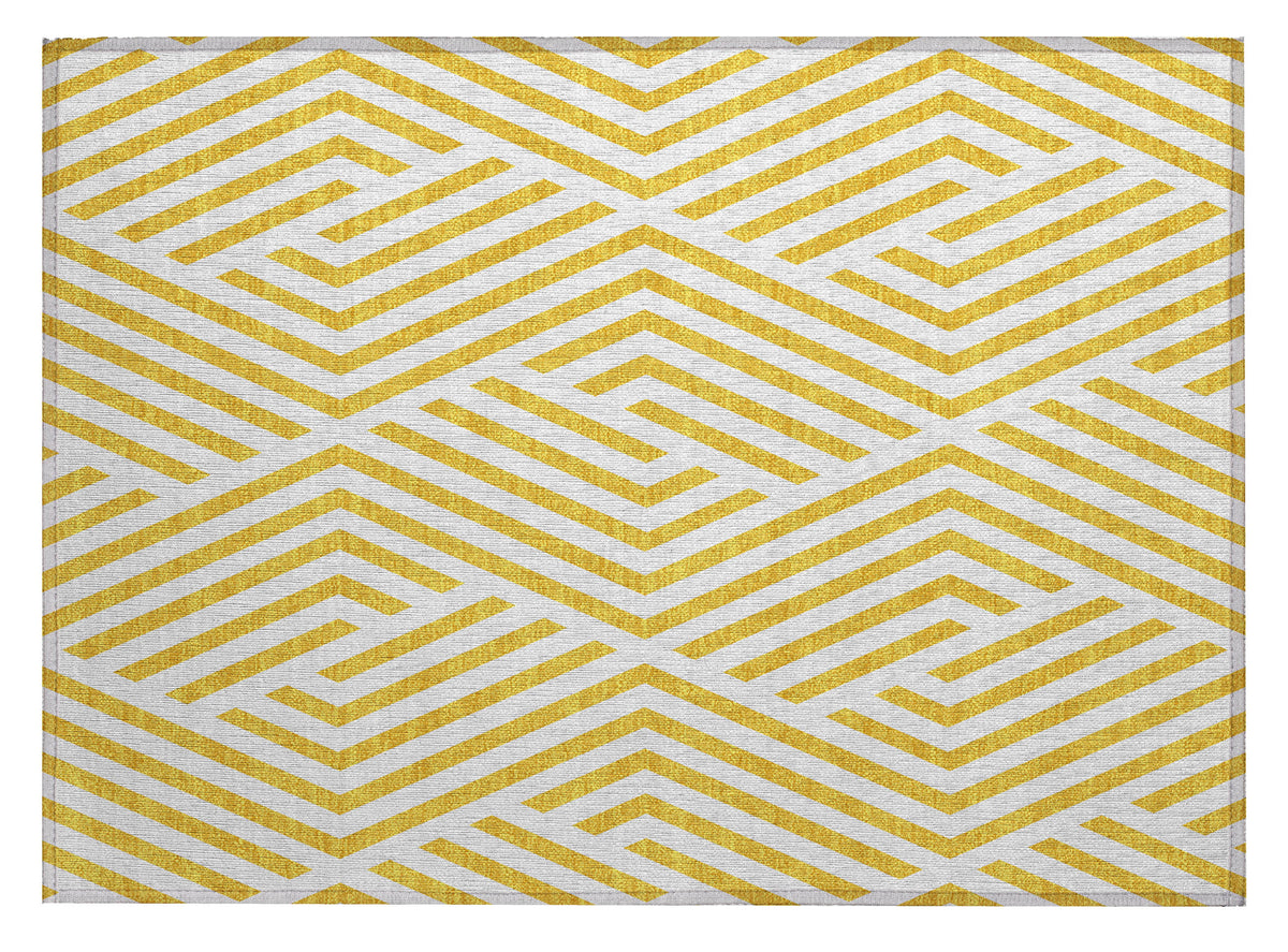 2' X 3' Gold and White Geometric Washable Non Skid Indoor Outdoor Area Rug