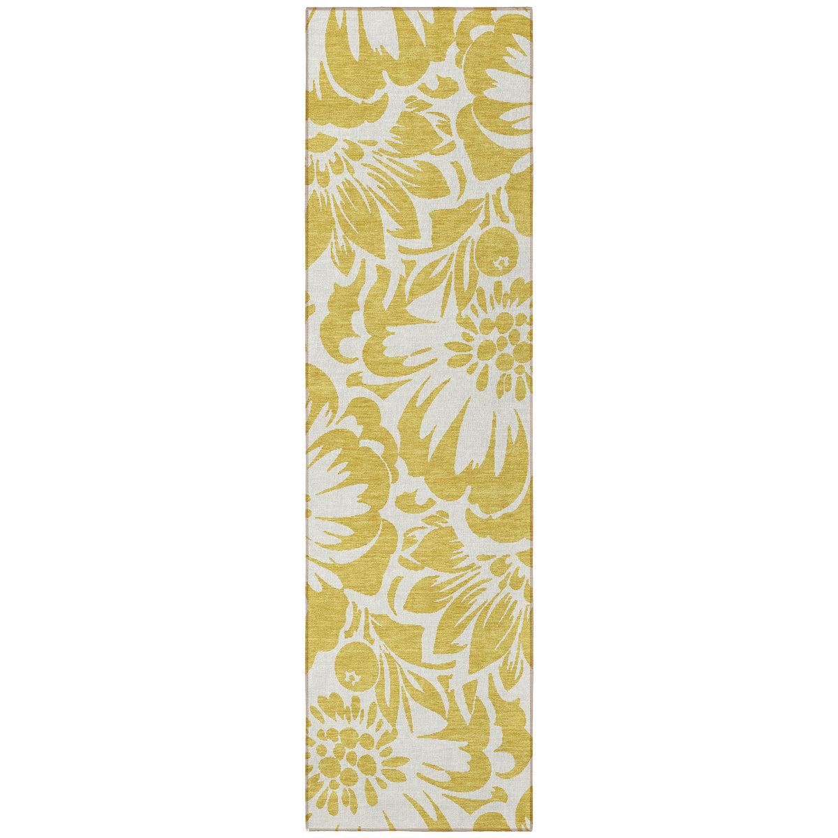 8' Runner Gold and White Floral Washable Non Skid Indoor Outdoor Runner Rug