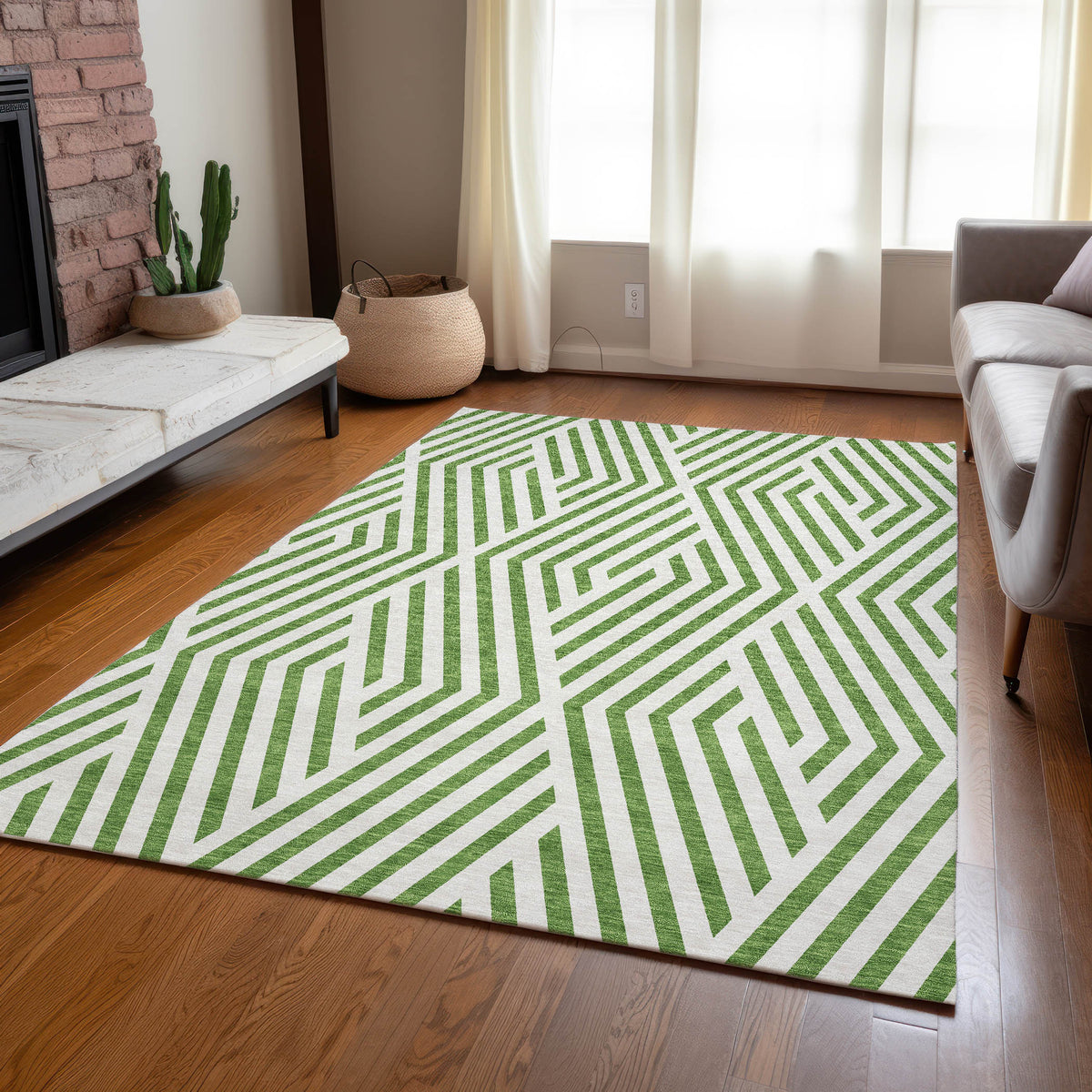 8' X 10' Lime Green and White Geometric Washable Non Skid Indoor Outdoor Area Rug