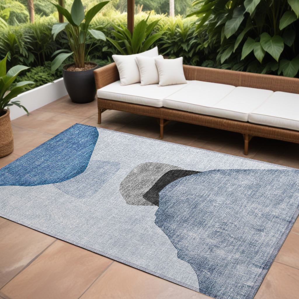 10' X 14' Blue Gray and Black Abstract Washable Non Skid Indoor Outdoor Area Rug
