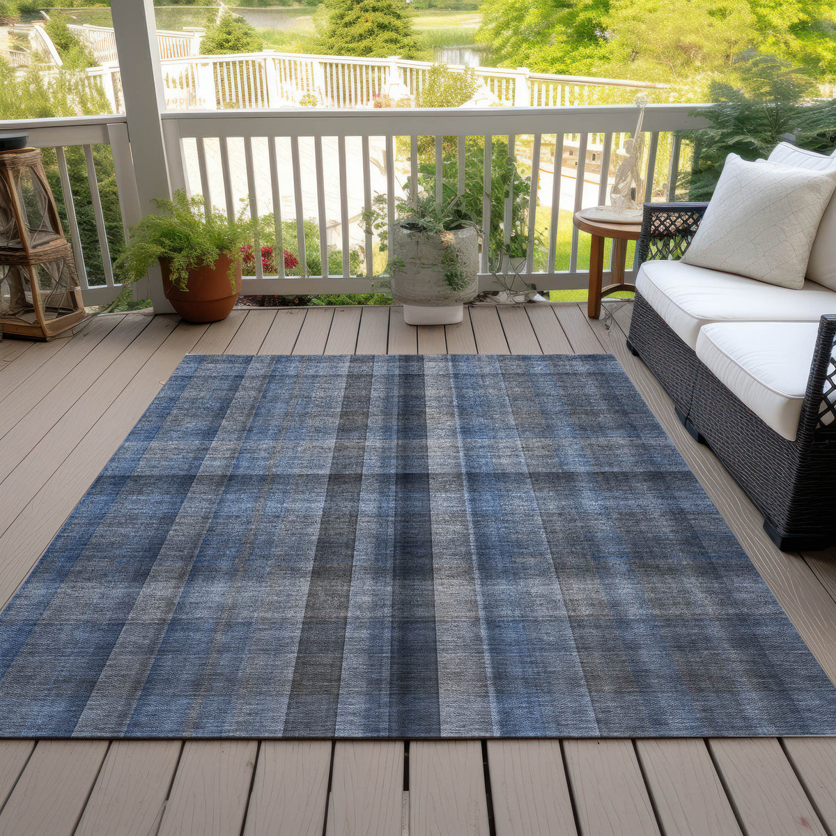 9' X 12' Blue Plaid Washable Non Skid Indoor Outdoor Area Rug