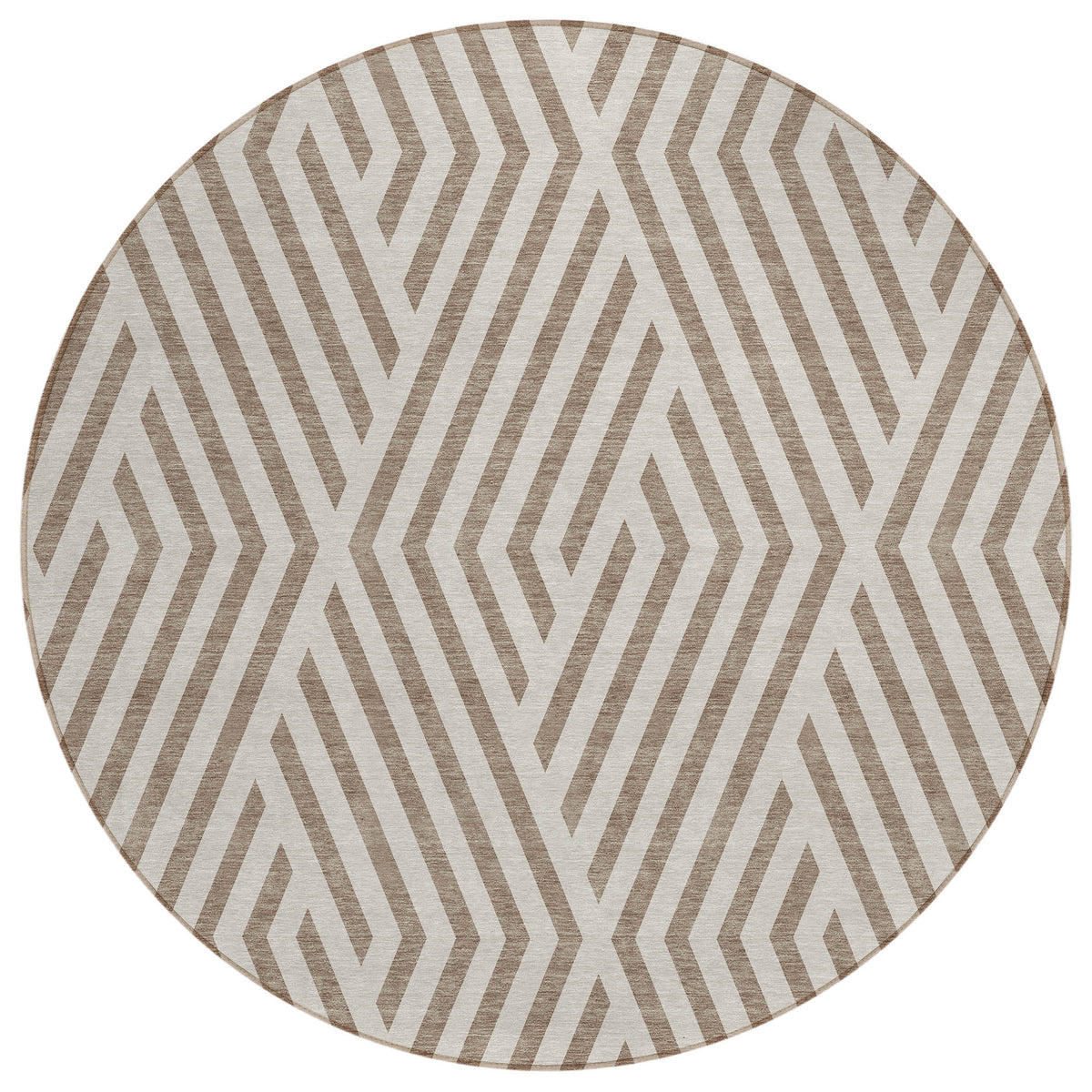 8' Round Taupe and Ivory Round Geometric Washable Non Skid Indoor Outdoor Area Rug