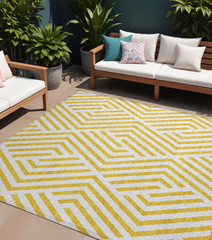 8' X 10' Gold and White Geometric Washable Non Skid Indoor Outdoor Area Rug