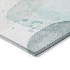 8' Runner Beige and Blue Abstract Washable Non Skid Indoor Outdoor Runner Rug