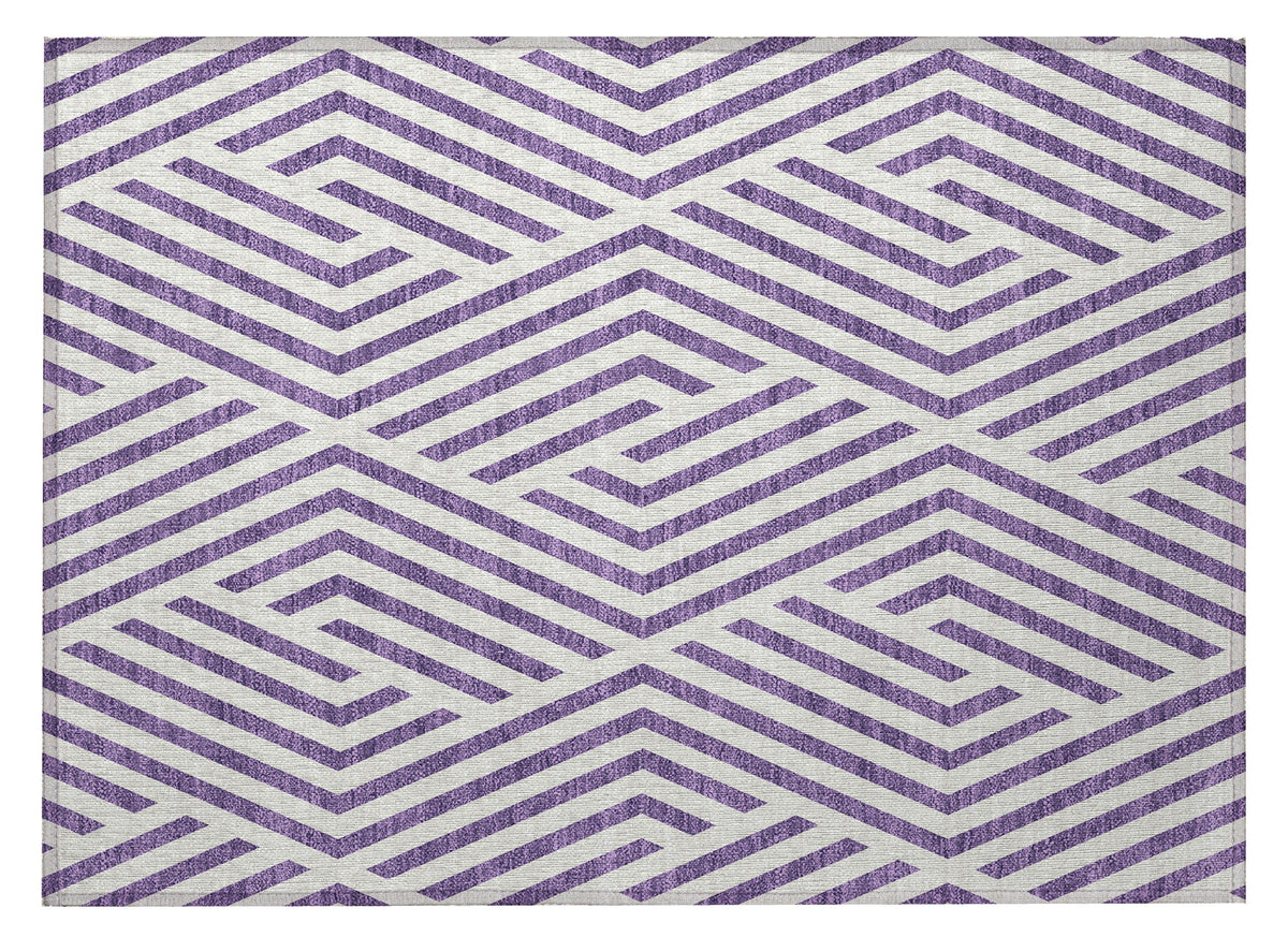 2' X 3' Purple and White Geometric Washable Non Skid Indoor Outdoor Area Rug