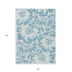 8' X 10' Denim and Ivory Floral Washable Non Skid Indoor Outdoor Area Rug