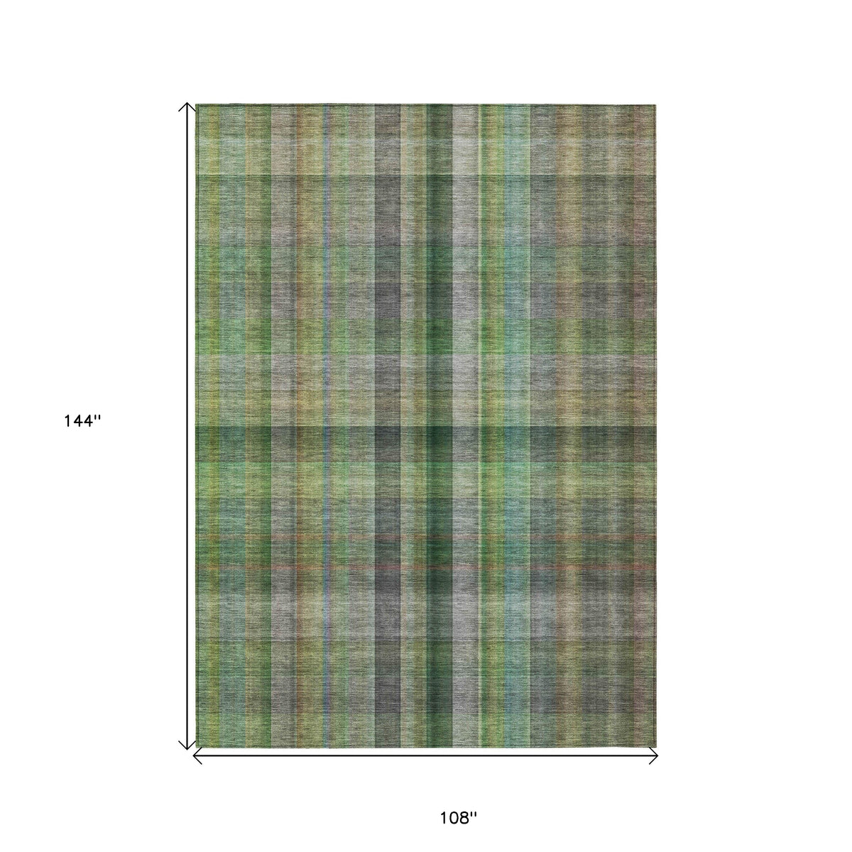 9' X 12' Green Plaid Washable Non Skid Indoor Outdoor Area Rug