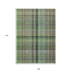 9' X 12' Green Plaid Washable Non Skid Indoor Outdoor Area Rug