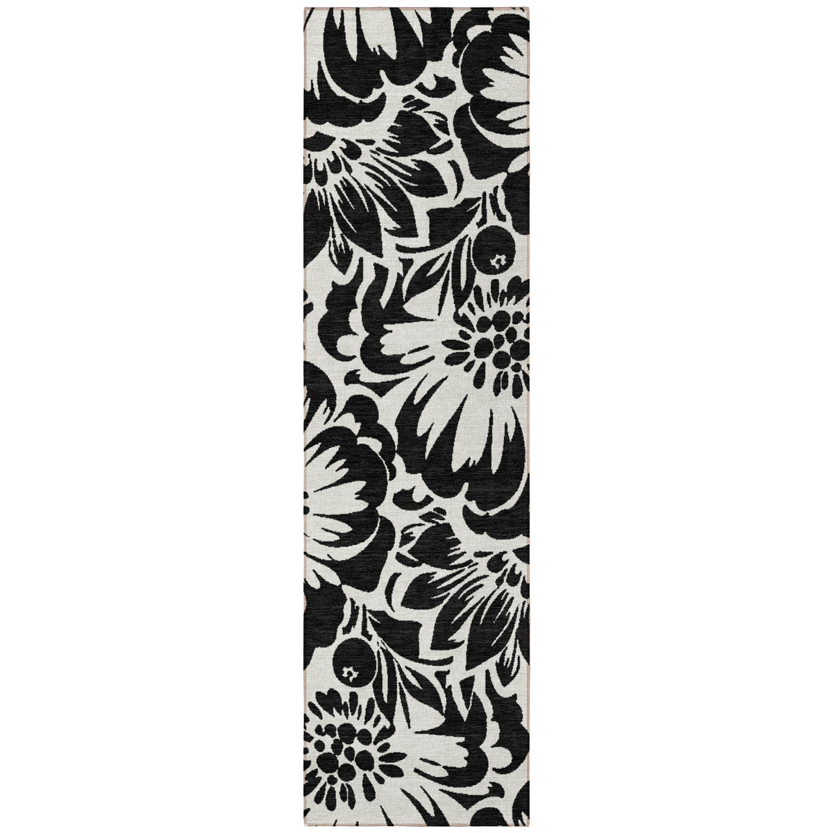 8' Runner Black and Ivory Floral Washable Non Skid Indoor Outdoor Runner Rug