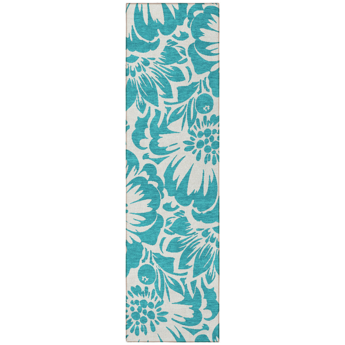 8' Runner Teal and Ivory Floral Washable Non Skid Indoor Outdoor Runner Rug