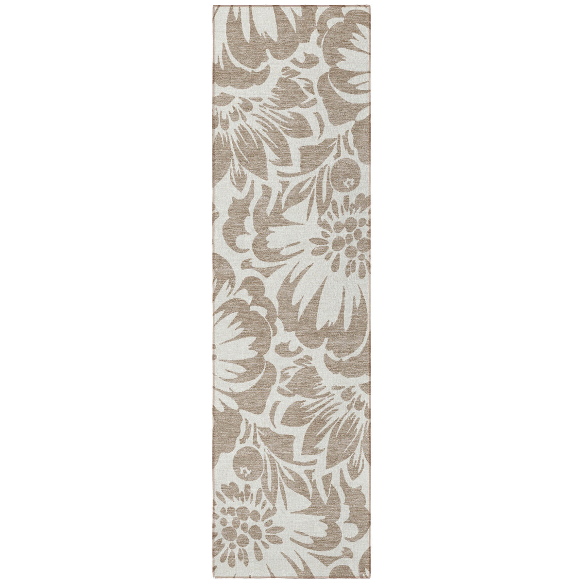 8' Runner Taupe and Ivory Floral Washable Non Skid Indoor Outdoor Runner Rug