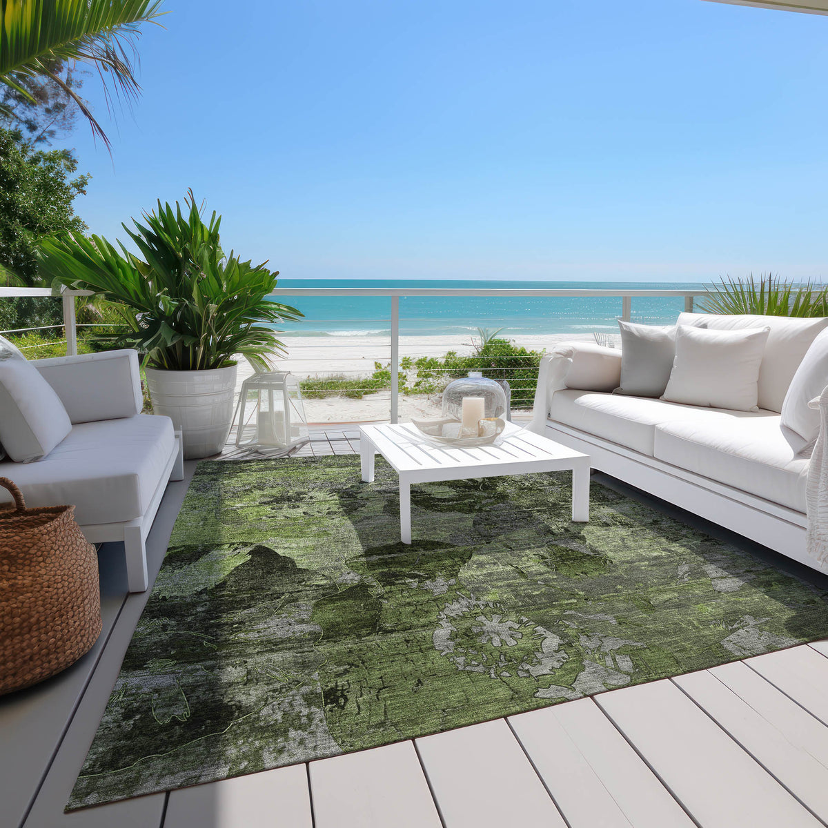 10' X 14' Green and Gray Floral Washable Non Skid Indoor Outdoor Area Rug