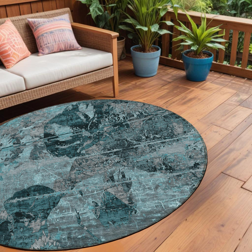 8' Round Teal and Gray Round Floral Washable Non Skid Indoor Outdoor Area Rug