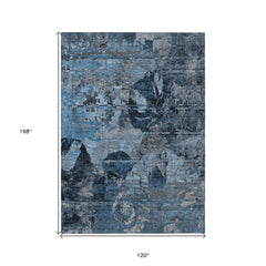 10' X 14' Blue and Dark Blue Floral Washable Non Skid Indoor Outdoor Area Rug