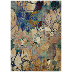 9' X 12' Beige and Blue Floral Washable Non Skid Indoor Outdoor Area Rug