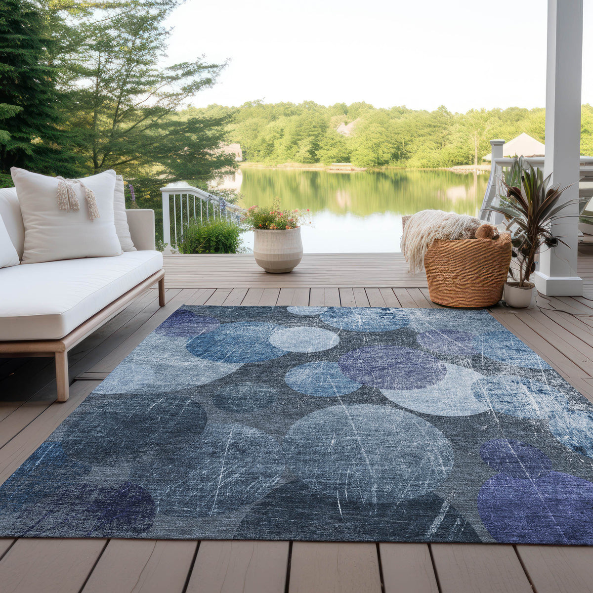 3' X 5' Gray and Blue Abstract Washable Non Skid Indoor Outdoor Area Rug