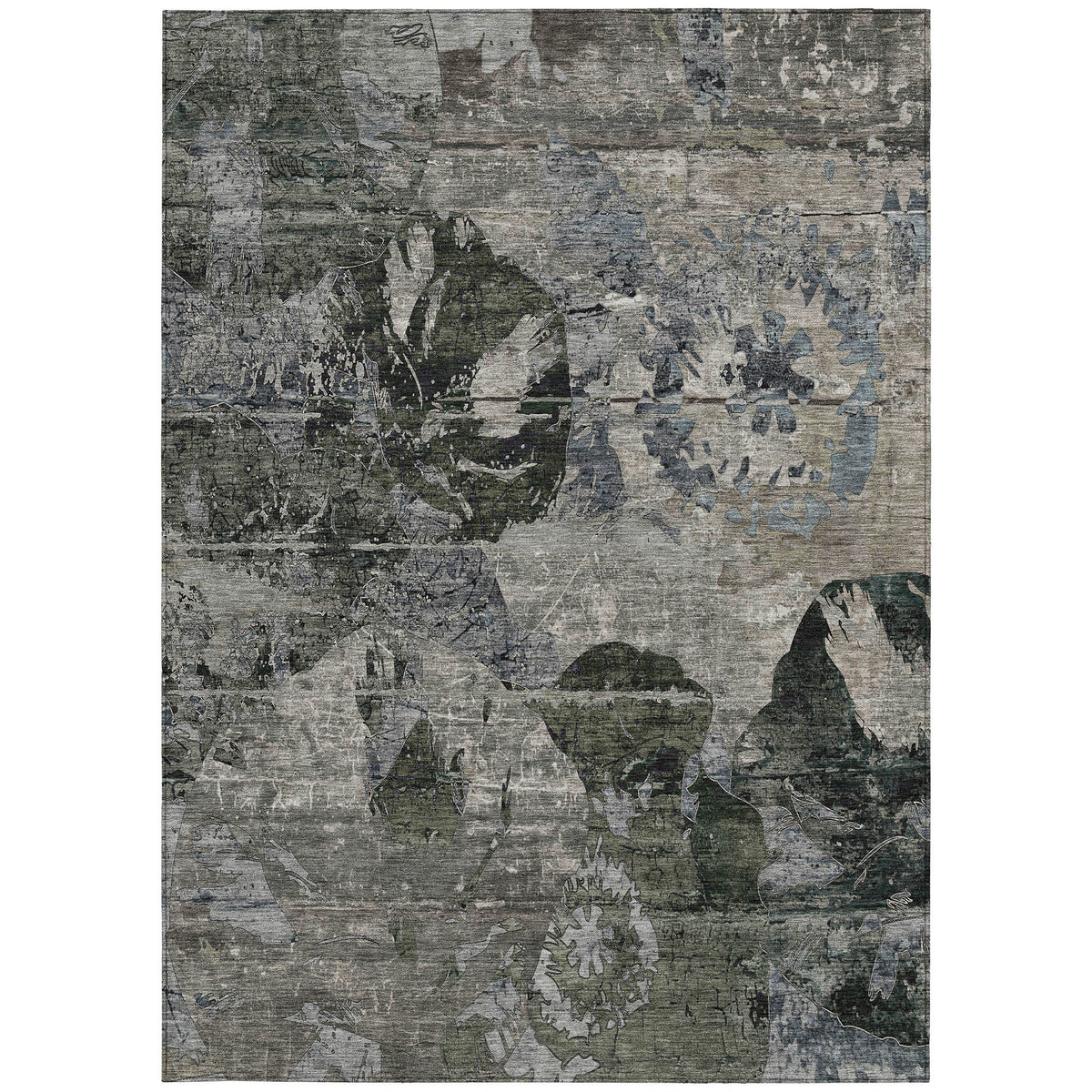 3' X 5' Gray Dark Green and Black Floral Washable Non Skid Indoor Outdoor Area Rug