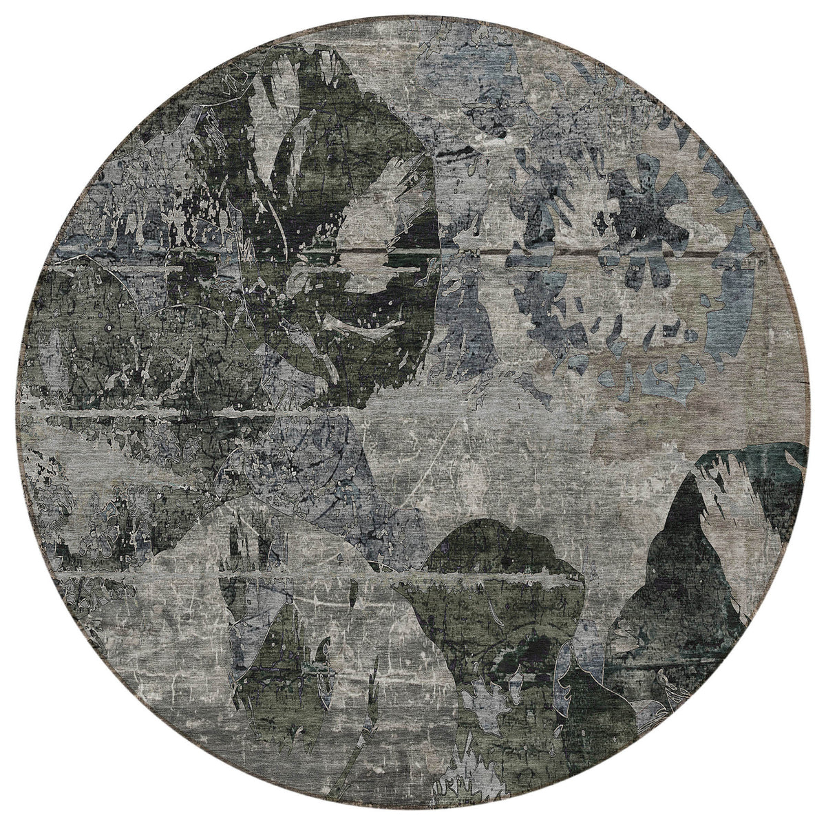 8' Round Gray Dark Green and Black Round Floral Washable Non Skid Indoor Outdoor Area Rug