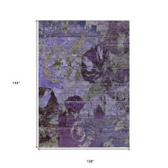 9' X 12' Purple and Green Floral Washable Non Skid Indoor Outdoor Area Rug